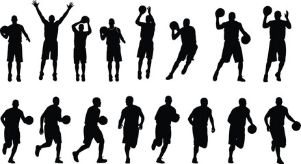 Basketball player silhouette set, athletes dribbling and shooting ball in action poses, sport movement collection isolated on white © Md