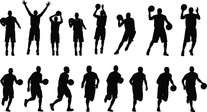 Basketball player silhouette set, athletes dribbling and shooting ball in action poses, sport movement collection isolated on white