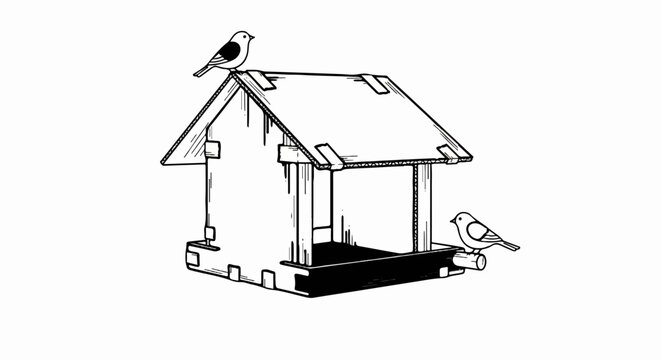 Black and white drawing of a simple wooden bird feeder with two birds perched on it