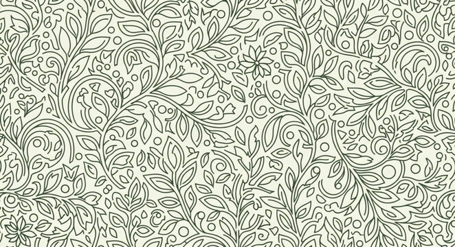 Intricate floral pattern with leaves and vines in black and white.