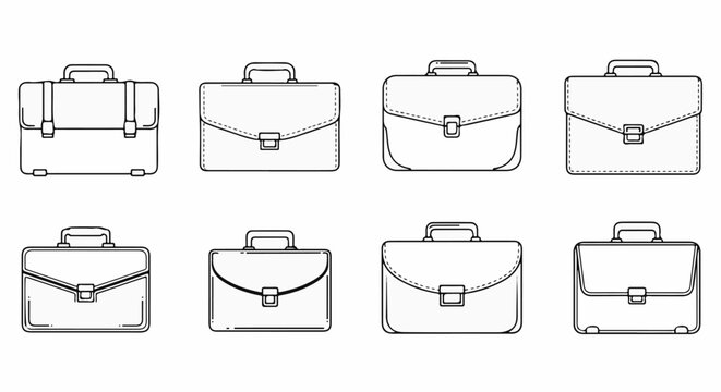Collection of eight minimalist line-art briefcases, each with a handle and a single buckle closure
