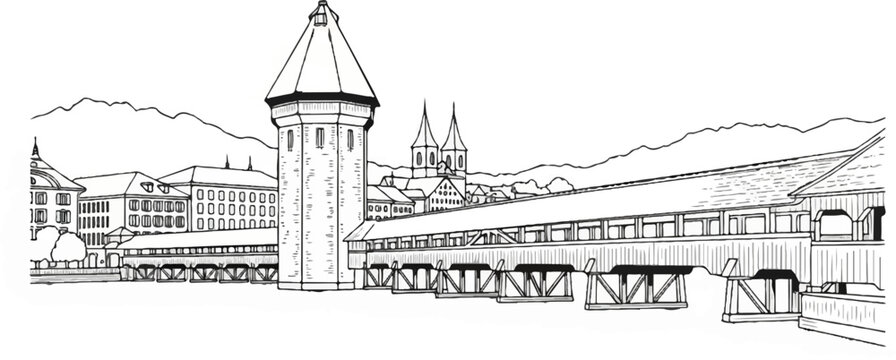 Black and white illustration of a covered bridge and cityscape with mountains