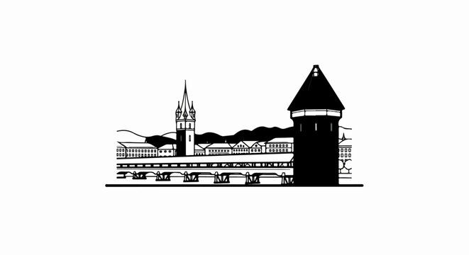 Silhouetted cityscape with a tall clock tower, a round turret, and a covered bridge