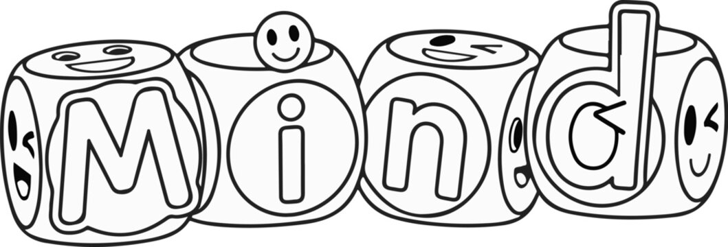 Four smiling dice with letters M, i, n, d arranged in a row