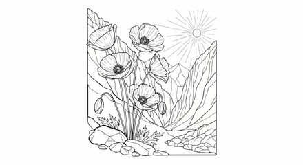 Obraz premium Delicate poppies bloom amidst rugged mountains under a radiant sun