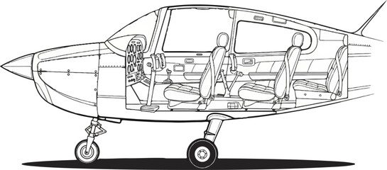 Detailed cross-section illustration of a small aircraft's interior, showing seats, cockpit, and controls