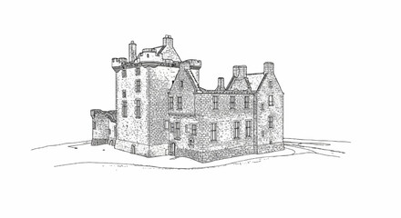 Obraz premium Sketch of an ancient stone building with multiple towers and chimneys