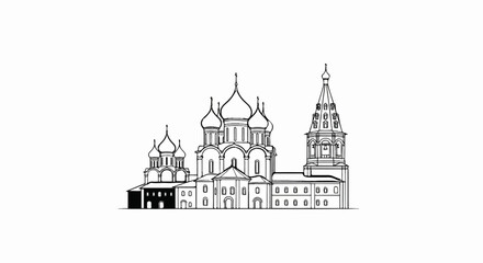 Obraz premium Ornate onion-domed church and bell tower, sketched in black ink