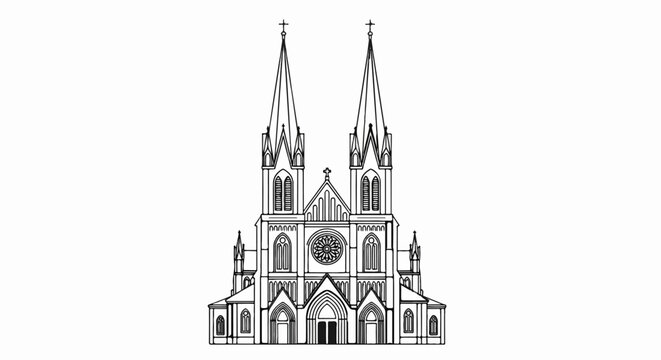 Ornate line drawing of a large cathedral with twin spires and a rose window
