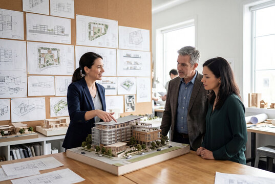 Architecte pr&eacute;sentant une maquette de b&acirc;timent &agrave; des clients en studio