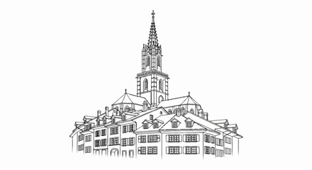 Pen sketch of a European city skyline with a prominent church spire