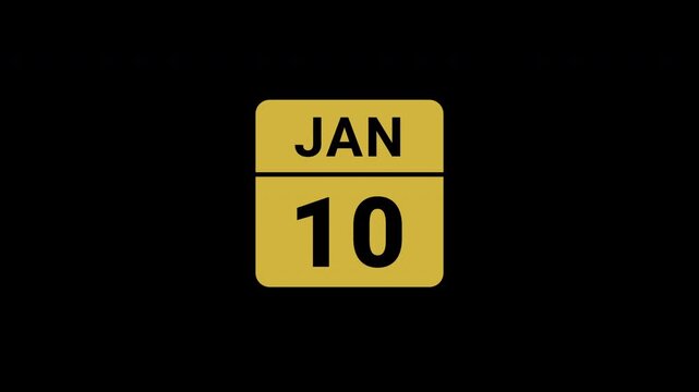 Animated Calendar Icon January 10th Date Metallic Gold Isolated On Black Background