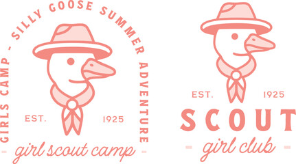 Girl scout camp summer camping group silly goose camper badge pink logo shirt design bundle pack. Funny animal retro vintage preppy girly aesthetic friends party adventure trip printable illustration. © Pictandra