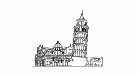 Fototapeta premium Line drawing sketch of the Leaning Tower of Pisa and adjacent cathedral