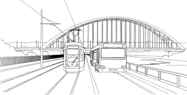 Line drawing of a tram and bus on parallel tracks under an arched bridge