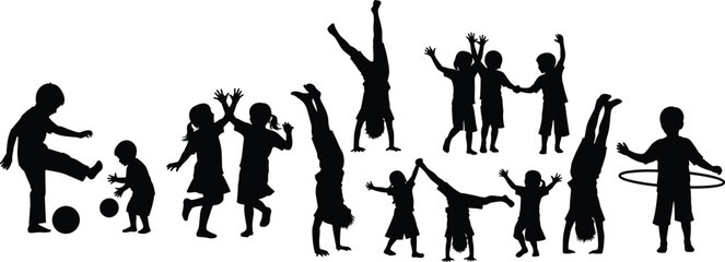 Kids playing silhouette set, children jumping dancing cartwheel and ball play activity poses collection isolated on white background © Md
