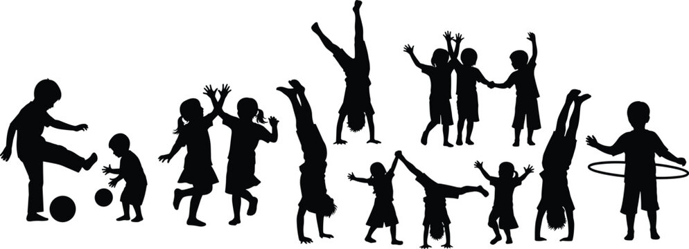 Kids playing silhouette set, children jumping dancing cartwheel and ball play activity poses collection isolated on white background