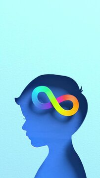 Looping video of blue child head silhouette with colorful rainbow infinity symbol representing autism, cognitive diversity and inclusive mental health awareness in paper cut 3D animation