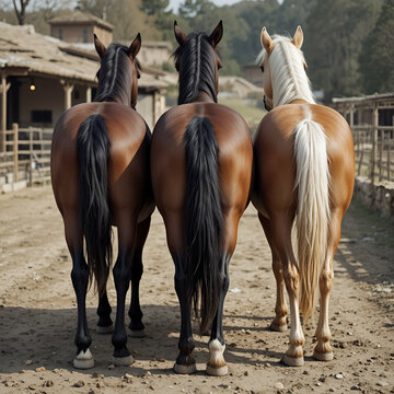 Three mares with their butts to the camera