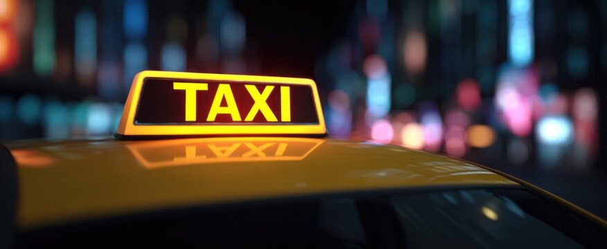 A glowing taxi sign dances atop a yellow cab weaving through a lively city night.