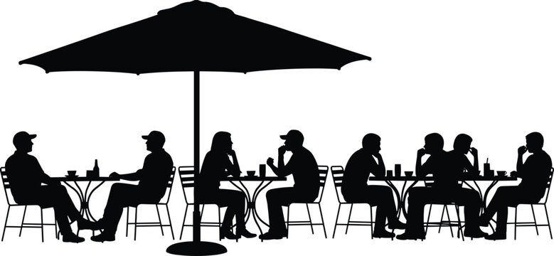 Outdoor cafe people silhouettes, men and women sitting at restaurant tables under umbrella, social dining scene, coffee shop vector illustration isolated
