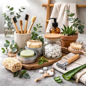 Minimalist zero waste bathroom: bamboo toothbrushes, solid shampoo bars in tins, toothpaste tablets in glass jar, loofah, safety razor. Aloe, succulents. Clean.