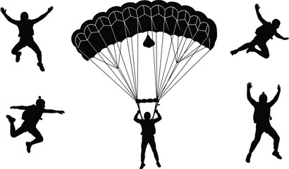 Skydiving parachute silhouettes collection, parachutist jumping and landing poses set extreme sport adventure figures isolated black vector illustration © Md