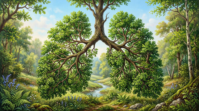 Artistic conceptual image of human lungs made entirely of lush green deciduous trees with intricate branches representing bronchioles. Symbol of nature, respiratory health, environmental protection