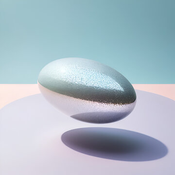 A shimmering silver ellipsoid hovering in mid-air above a soft pastel surface