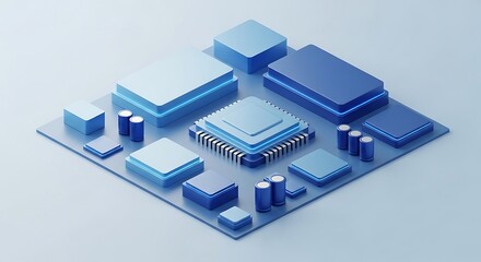 Fototapeta premium A 3d rendering of various blue computer chip components on a circuit board