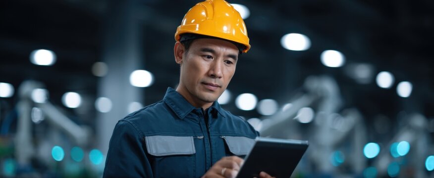 Asian technician passionately operates tablet in robotics workshop showcasing machine learning integration.