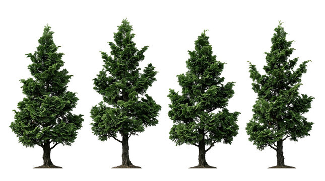 Japanese cypress, hinoki tree, conifer, evergreen, chamaecyparis obtusa, forest tree, isolated set of realistic trees on black for landscaping and architectural visualization projects.
