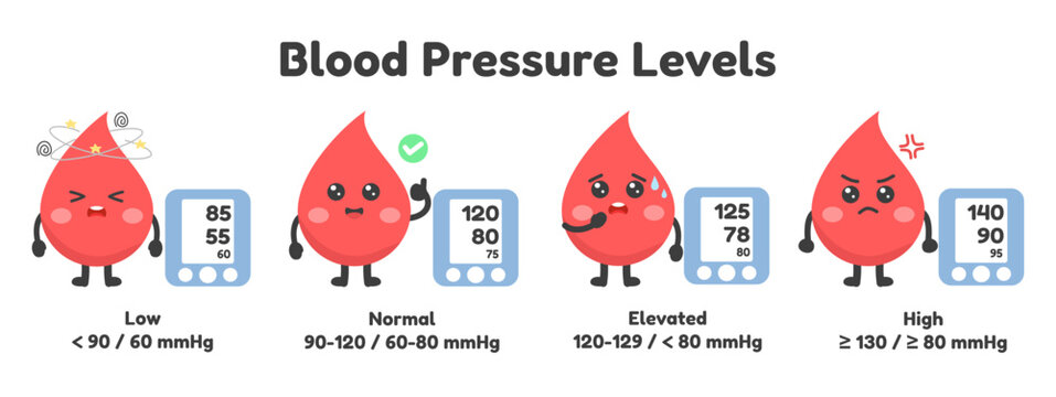 Blood pressure levels with cute blood drop characters showing low, normal, elevated and high hypertension categories. Cardiovascular health infographic. Vector illustration