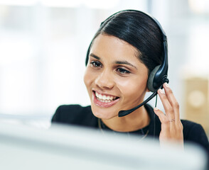 Computer, call center and woman in office for help, banking or customer care with credit service....