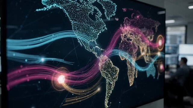 Closeup of mobile network analytics on a large telecom operations center screen with traffic flow visuals AI alerts highlighted background operators unfocused.