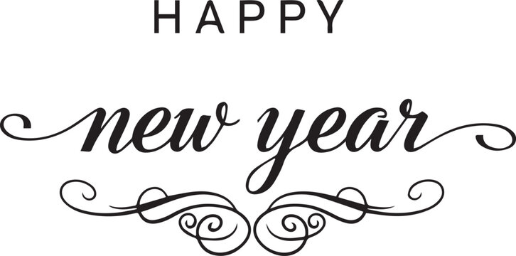 Happy New Year Wishes in Black and White isolated on transparent background, Vector, illustration