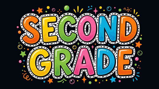 Vibrant 'SECOND GRADE' colorful text vector illustration with playful confetti, stars, and dots on a dark background, perfect for educational designs, back-to-school promotions