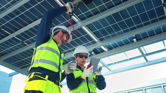 Engineering team measuring solar panel system performance and recording data using digital devices on a modern rooftop facility