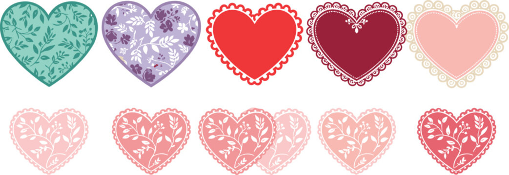 Decorative Valentine heart vector collection featuring floral patterns scalloped borders and lace textures in pink red and purple for romance.
