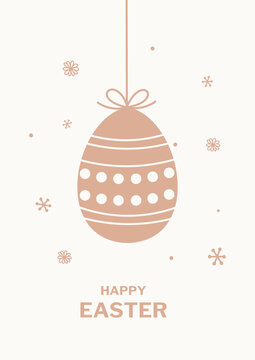 Minimalist rose gold easter egg with white geometric patterns and happy easter message.