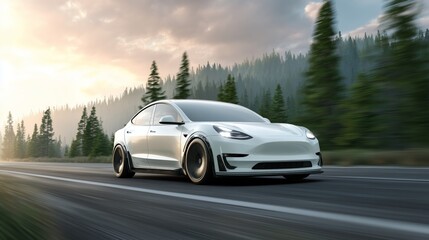 Obraz premium White tesla model 3 electric car driving fast on a scenic forest road