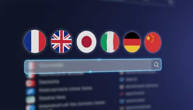 Medium shot of a language selector presented as clickable flags above the search bar highlighting the vibrant icons sharply against the outoffocus search results below.