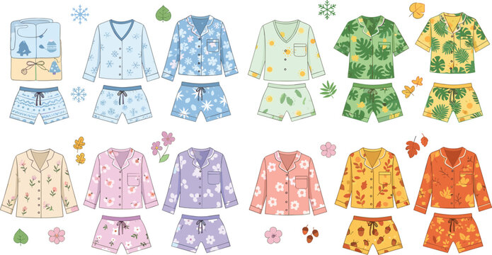 Seasonal Pajama Sets Vector Collection Featuring Winter, Spring, Summer and Autumn Sleepwear with Floral, Tropical and Cozy Nightwear Designs.