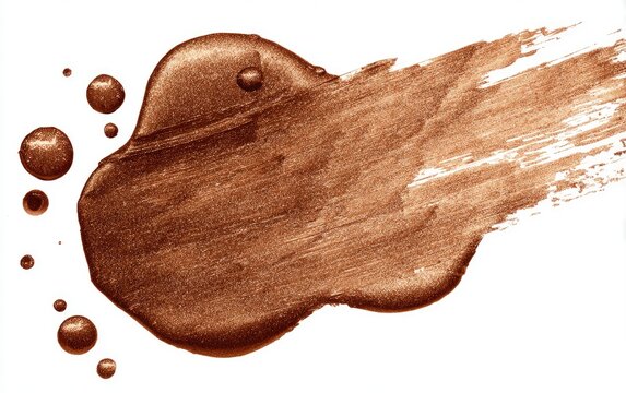 Metallic brown paint stroke with rounded edges and scattered droplets on a white backdrop