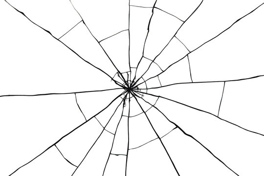 Broken window glass showing spiderweb cracks and shattered damage, graphic overlay for destruction and impact concepts