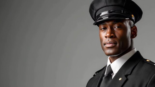 Confident uniformed security officer portrait in studio turning toward camera on gray background 60fps