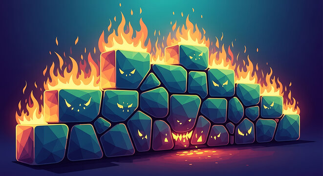 Blazing stones with angry faces burning in dark fantasy setting with vibrant orange flames