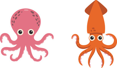 Cartoon octopus and squid icons set with cephalopod marine animals, ocean life, aquatic illustration, educational design © stock i