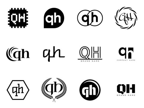 QH logo company template. Letter q and h logotype. Set different classic serif lettering and modern bold text with design elements. Initial font typography.
