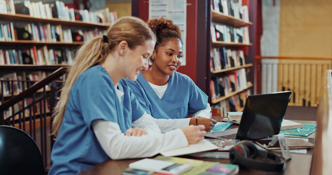 Girl, medical student and friends with laptop at library for research, writing and brainstorming at campus. People, healthcare scholarship and computer with books, discussion and notes at university
